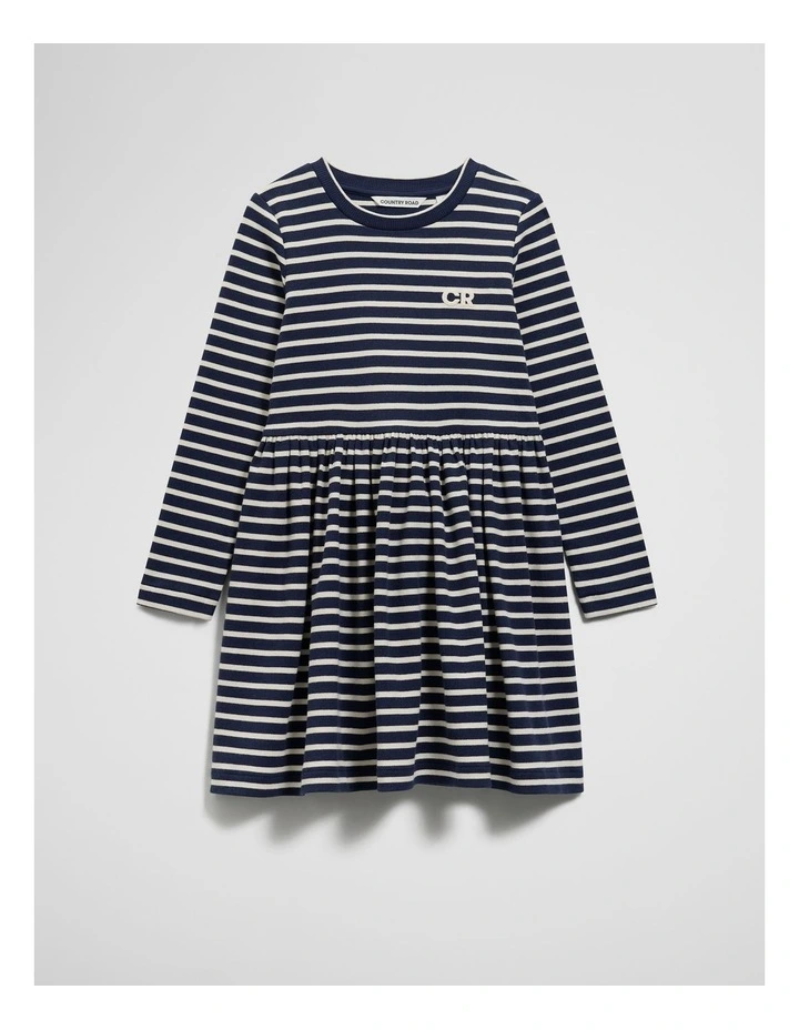 Long Sleeve Gathered Rib Dress in Navy Stripe image 4