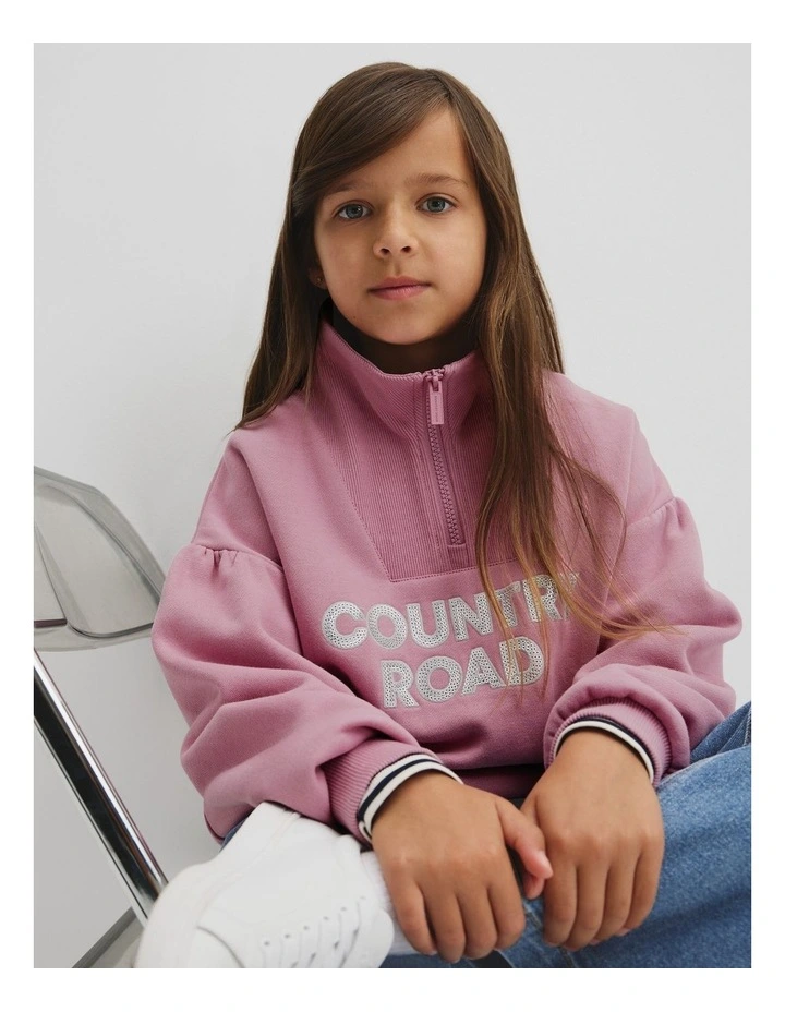 Australian Cotton Blend Sequin Half Zip Sweat in Berry image 2