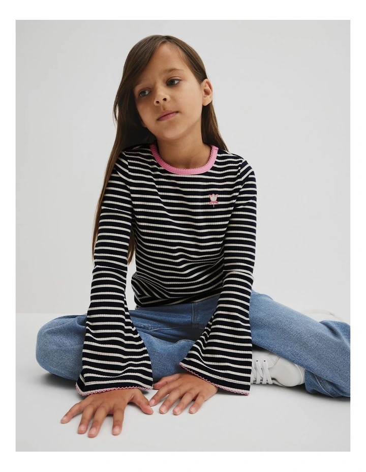 Rib Flare Sleeve Top in Navy Stripe image 2