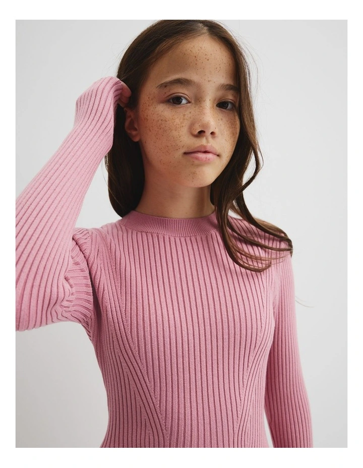 Teen Rib Long Sleeve Knit Dress in Dusty Berry image 3