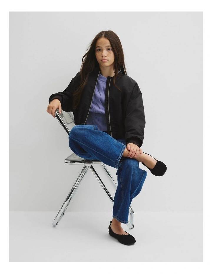 Teen Gathered Bomber Jacket in Black image 1