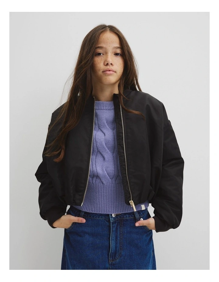 Teen Gathered Bomber Jacket in Black image 2