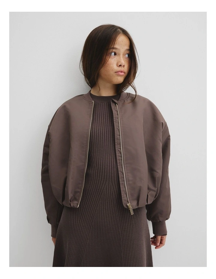 Teen Gathered Bomber Jacket in Truffle image 2