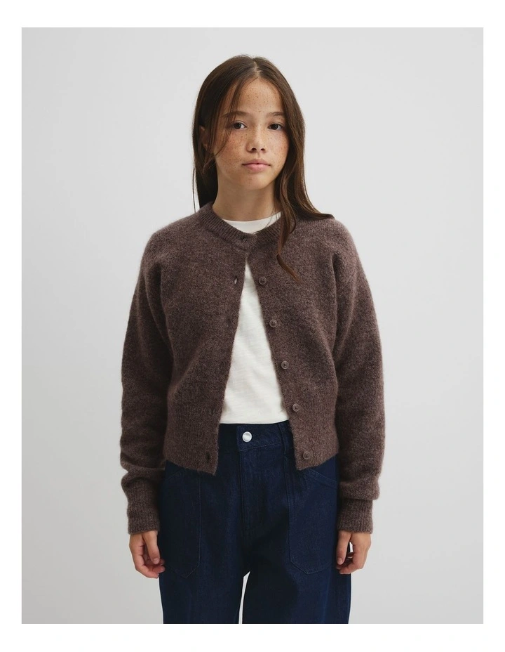 Teen Fluffy Crew Knit Cardigan in Truffle image 2