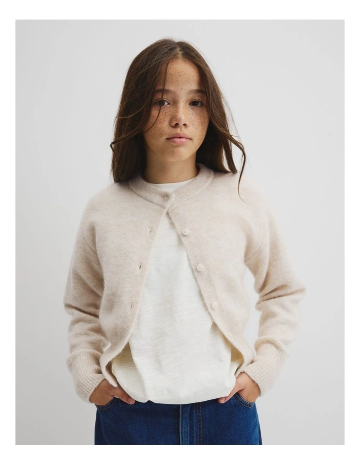 Teen Fluffy Crew Knit Cardigan in Wafer Marle image 2