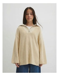 Teen Half Zip Rib Knit in Wafer Marle