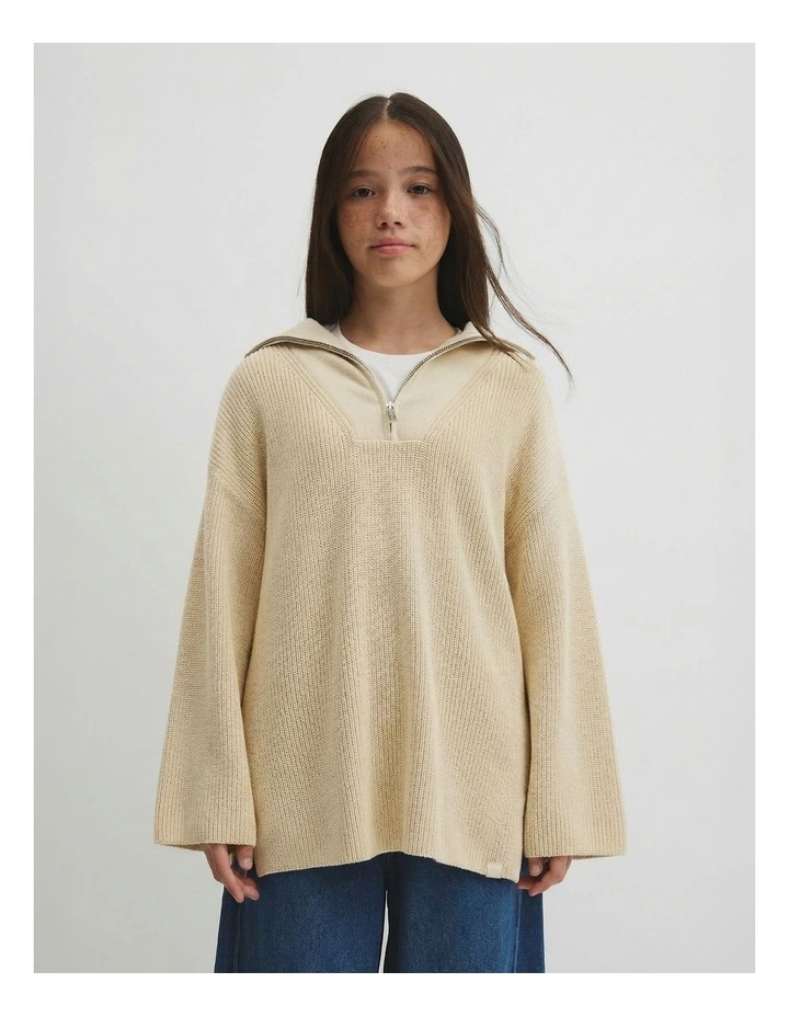 Teen Half Zip Rib Knit in Wafer Marle image 1