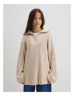Teen Half Zip Rib Knit in Wafer Marle