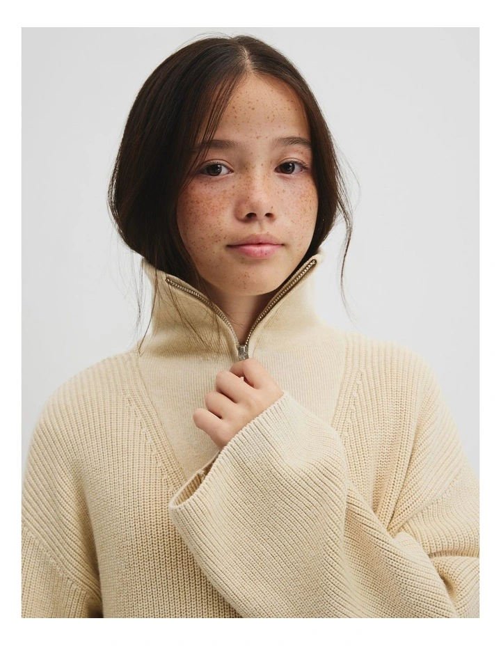 Teen Half Zip Rib Knit in Wafer Marle image 3