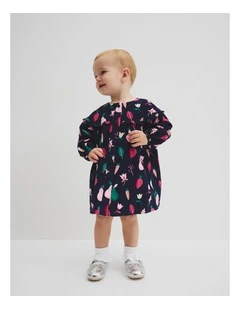 Fruit Frill Long Sleeve Cord Dress in Navy Multi