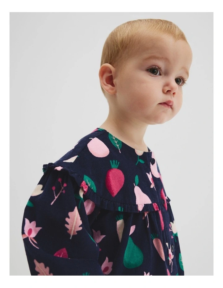Fruit Frill Long Sleeve Cord Dress in Navy Multi image 2