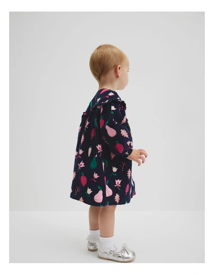 Fruit Frill Long Sleeve Cord Dress in Navy Multi image 3