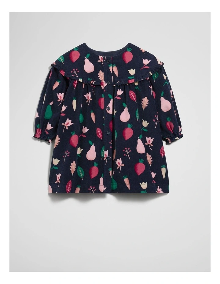 Fruit Frill Long Sleeve Cord Dress in Navy Multi image 4