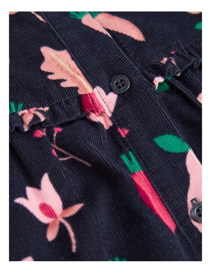 Fruit Frill Long Sleeve Cord Dress in Navy Multi image 5