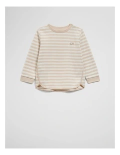 Long Sleeve Curved Logo T-shirt in Wafer Stripe