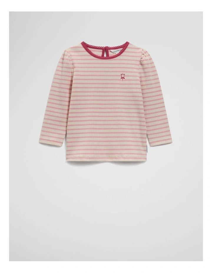 Rib Puff Sleeve Top in Rose Pink Stripe image 1
