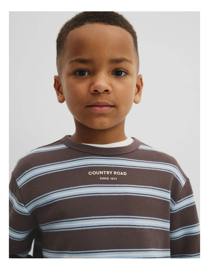 Organically Grown Cotton Stripe Long Sleeve Pique T-shirt in Cocoa image 3