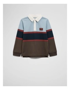 Organically Grown Cotton Panel Stripe Rugby in Dusty Blue