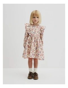 Organically Grown Cotton Printed Ruffle Cord Dress in Winter Garden