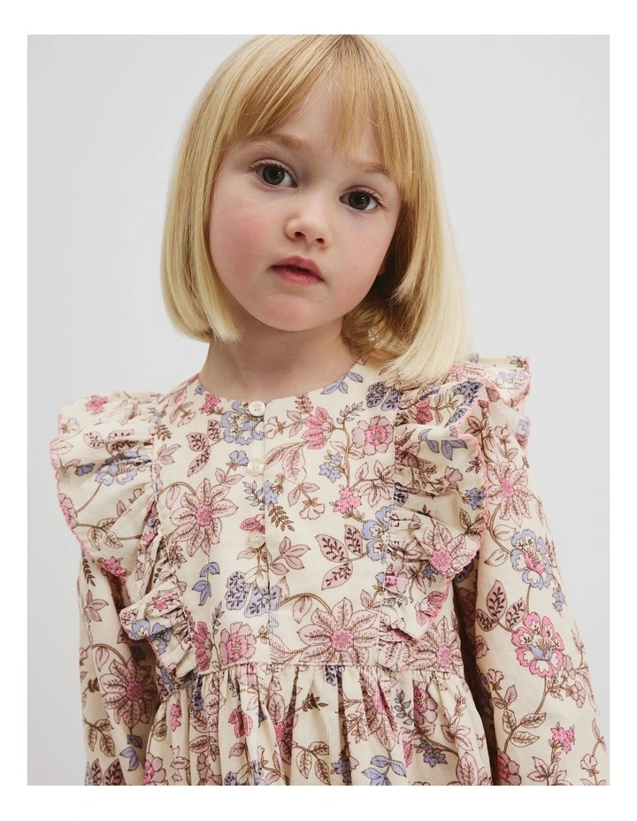 Organically Grown Cotton Printed Ruffle Cord Dress in Winter Garden image 3