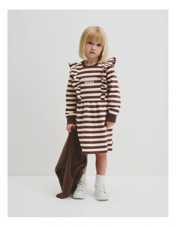 Organically Grown Cotton Stripe Ruffle Sweat Dress in Cocoa Stripe image 1