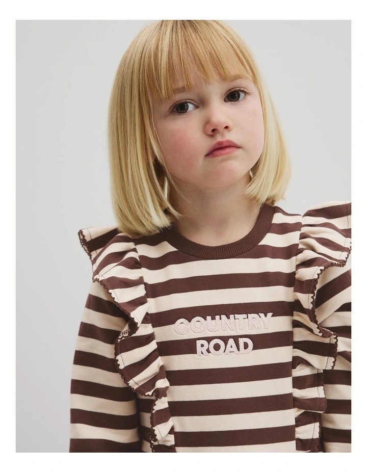 Organically Grown Cotton Stripe Ruffle Sweat Dress in Cocoa Stripe image 2