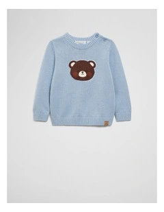 Cotton Bear Applique Knit in Dusty Blue