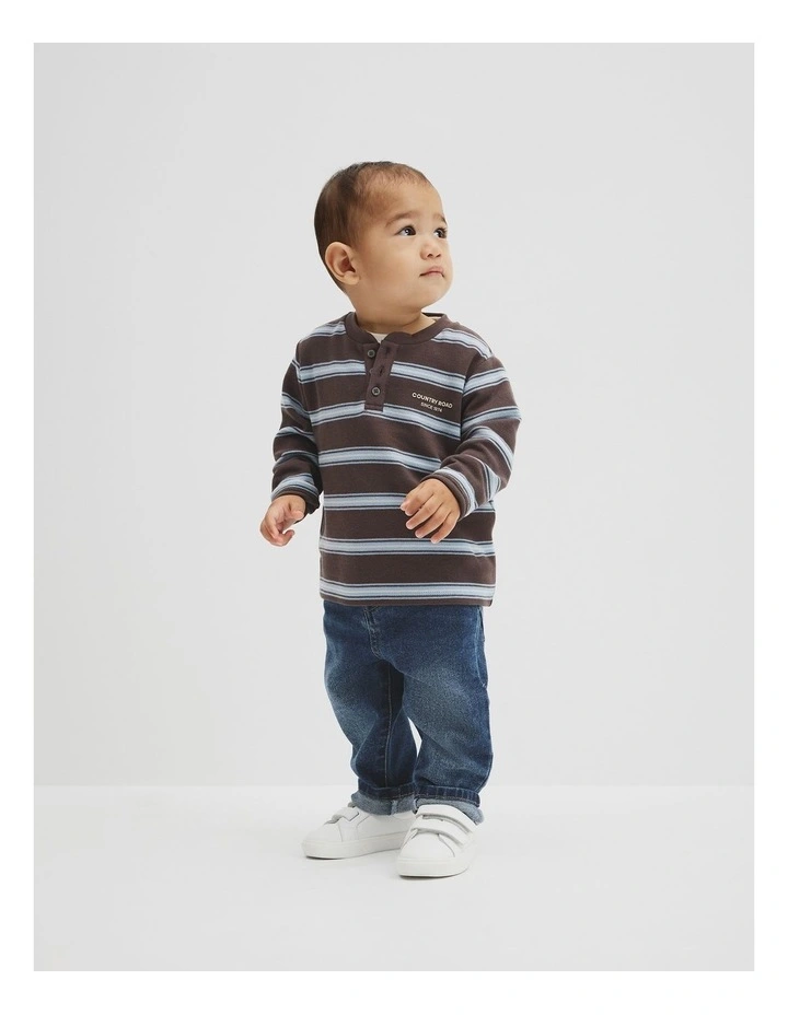 Organically Grown Cotton Stripe Long Sleeve Pique T-shirt in Cocoa image 1