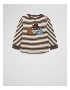 Organically Grown Cotton Leaf Logo Long Sleeve T-shirt in Cocoa Stripe