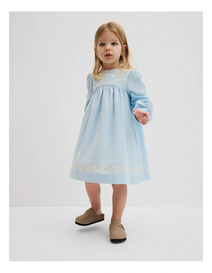 Long Sleeve Embroidered Smock Dress in Sky image 1