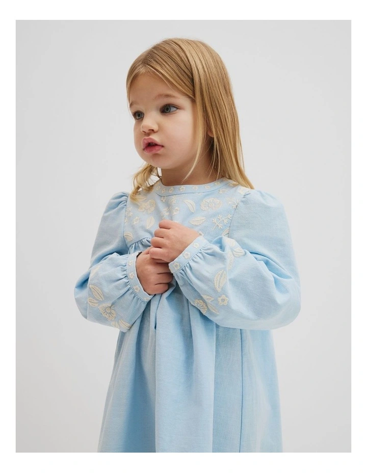 Long Sleeve Embroidered Smock Dress in Sky image 2