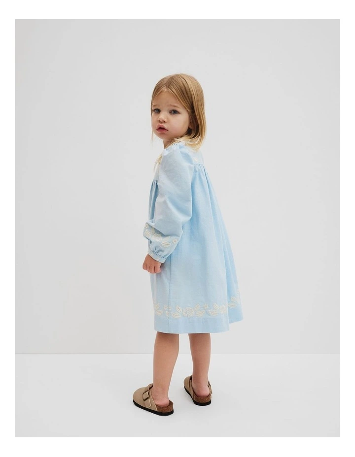 Long Sleeve Embroidered Smock Dress in Sky image 3