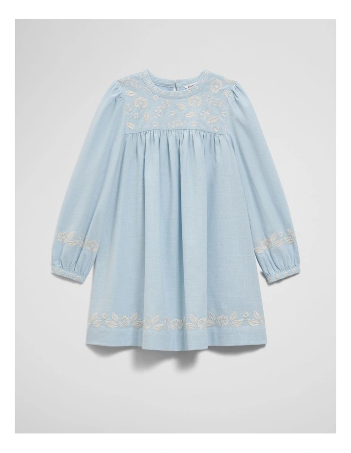 Long Sleeve Embroidered Smock Dress in Sky image 4