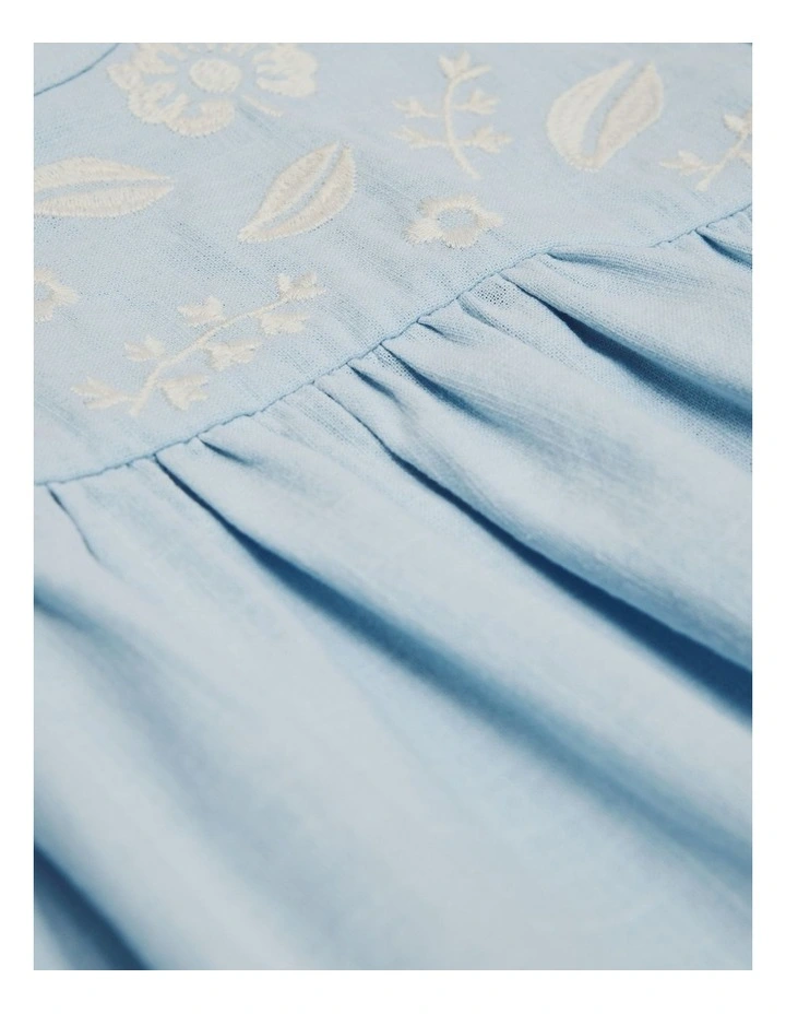 Long Sleeve Embroidered Smock Dress in Sky image 5