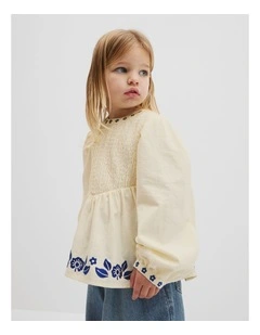 Long Sleeve Embroidered Shirred Blouse in Antique White