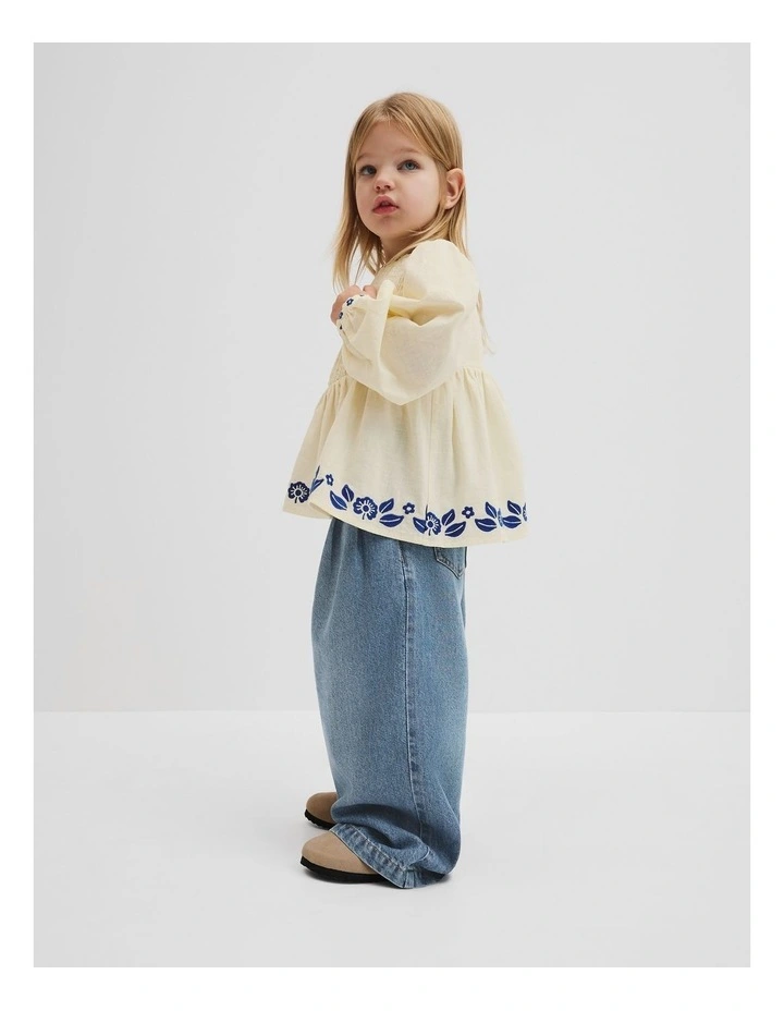 Long Sleeve Embroidered Shirred Blouse in Antique White image 2