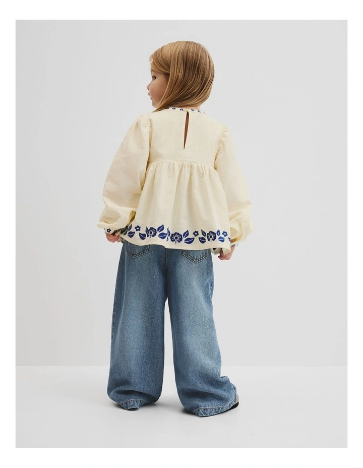 Long Sleeve Embroidered Shirred Blouse in Antique White image 3