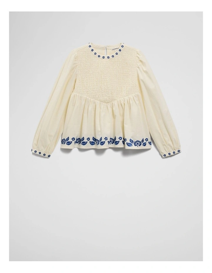 Long Sleeve Embroidered Shirred Blouse in Antique White image 4