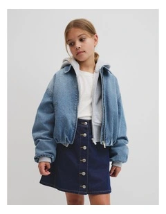 Teen Denim Pleated Bomber in Light Blue Wash