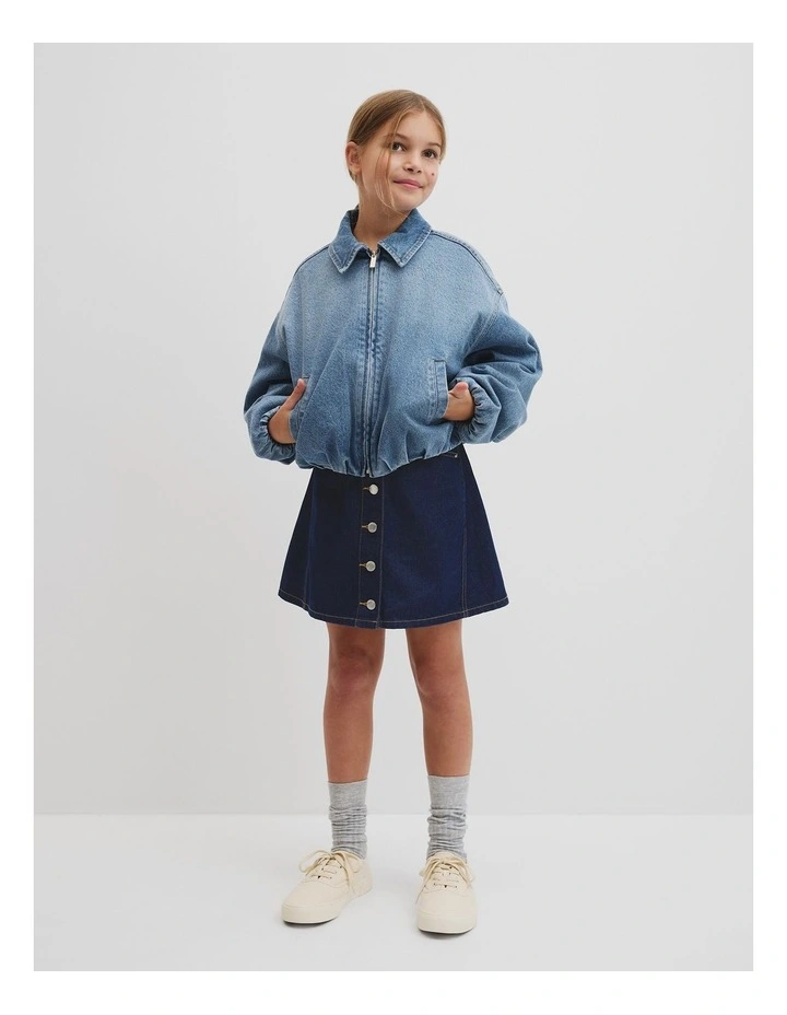 Teen Denim Pleated Bomber in Light Blue Wash image 2