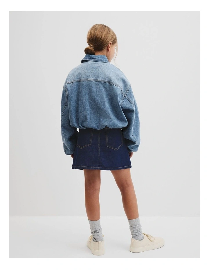 Teen Denim Pleated Bomber in Light Blue Wash image 3
