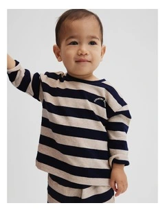 Textured Long Sleeve T-shirt in Navy Stripe