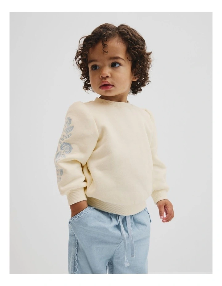 Embroidered Sleeve Sweat in Antique White image 1