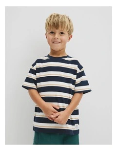 Australian Cotton Oversized Stripe Short Sleeve Tee in Navy Honey Strp