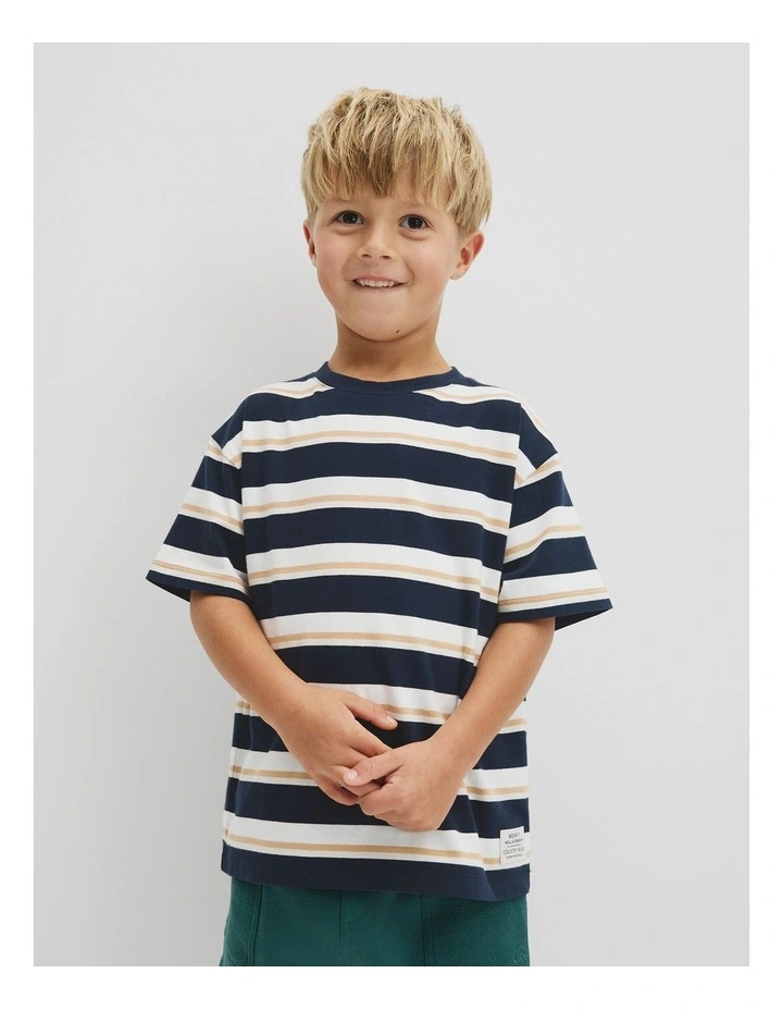 Australian Cotton Oversized Stripe Short Sleeve Tee in Navy Honey Strp image 1