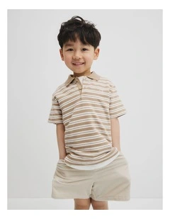 Australian Cotton Textured Polo in Latte Stripe