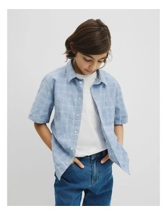 Teen Contrast Check Short Sleeve Shirt in Mid Blue