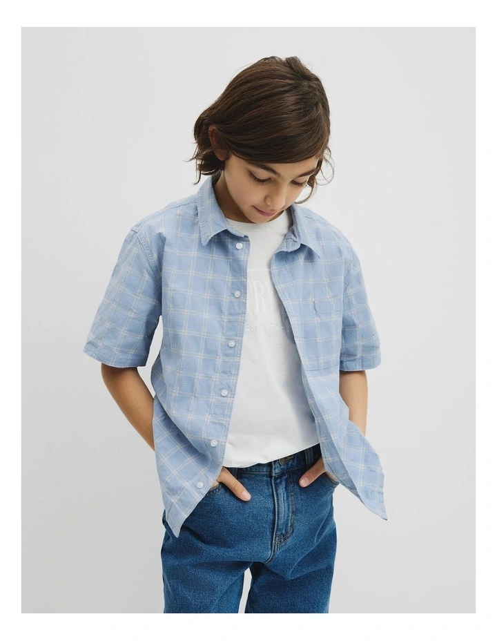 Teen Contrast Check Short Sleeve Shirt in Mid Blue image 1