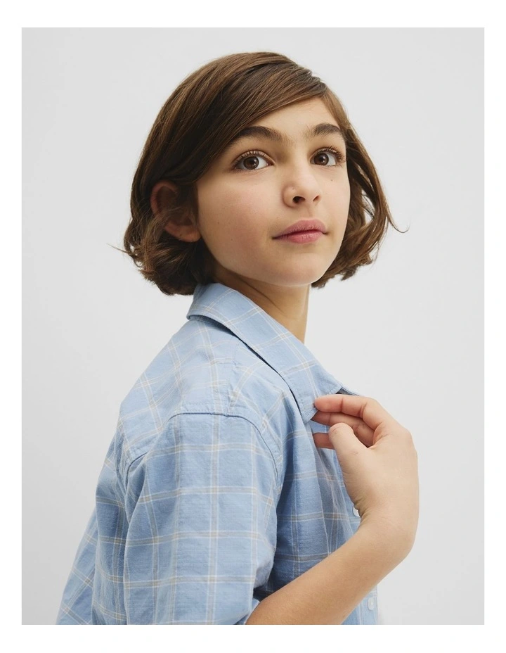 Teen Contrast Check Short Sleeve Shirt in Mid Blue image 3
