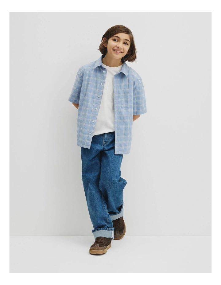 Teen Contrast Check Short Sleeve Shirt in Mid Blue image 4